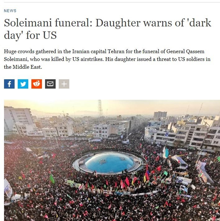 بازتاب تشییع پیکر سردار سلیمانی در رسانه‌های جهان؛ میلیون‌ها نفر با شعار مرگ بر آمریکا روانه خیابان‌ها شدند