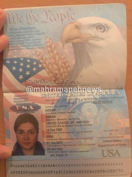 عکسی از پاسپورت آمریکایی باران کوثری