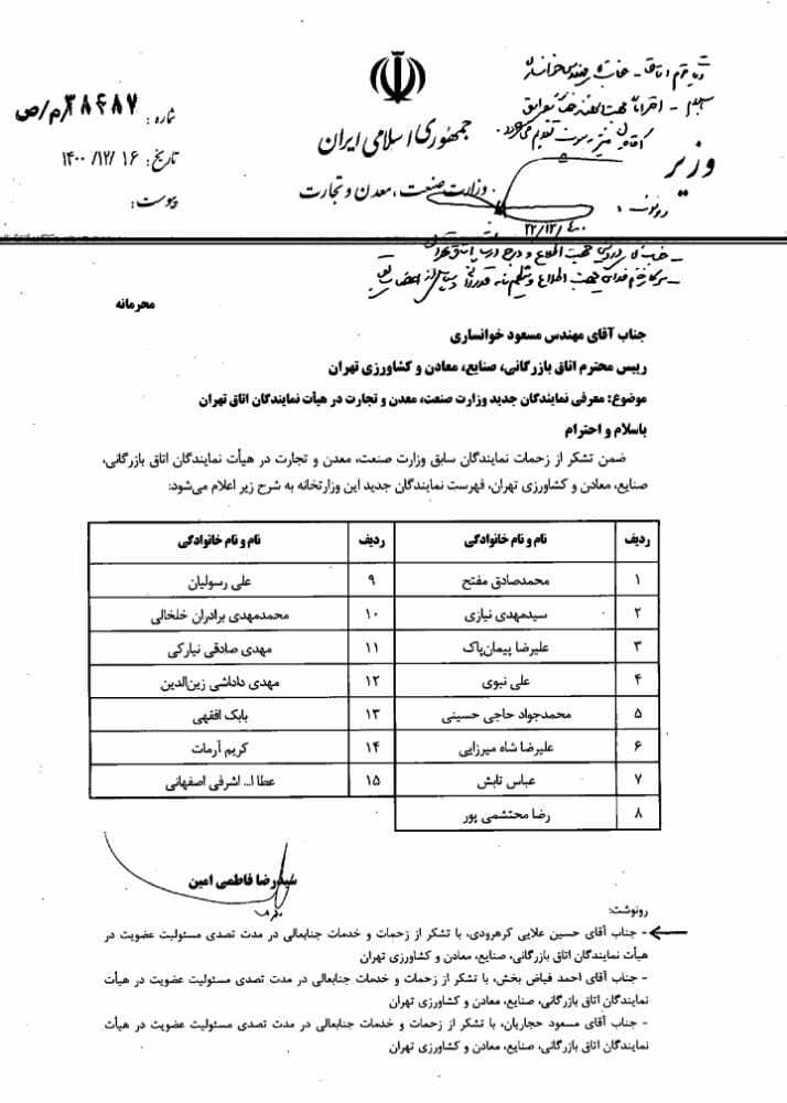 وزیر صمت نمایندگان خود در اتاق بازرگانی را معرفی کرد