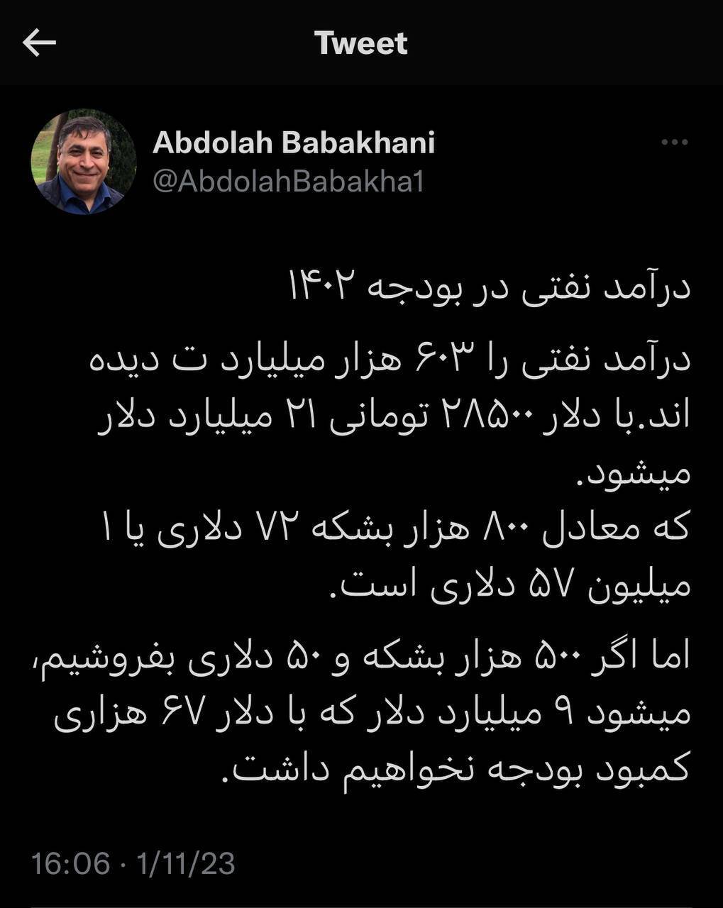 توئیت باباخانی درباره لایحه بودجه